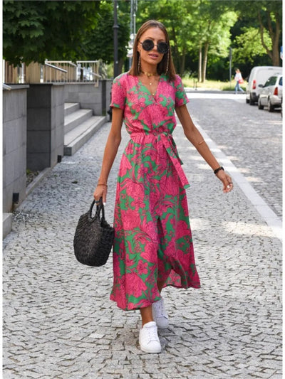 Jane - Sunset Stroll V-Neck Slit Print Dress