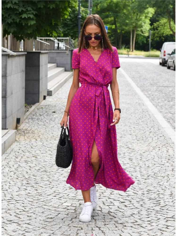 Jane - Sunset Stroll V-Neck Slit Print Dress