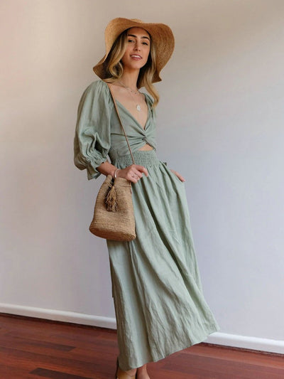 Ivana - Elegant Reversible Puff Sleeve Maxi Dress