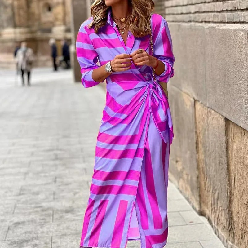 Stella - Fashion V-Neck Striped Lace-Up Midi Dress