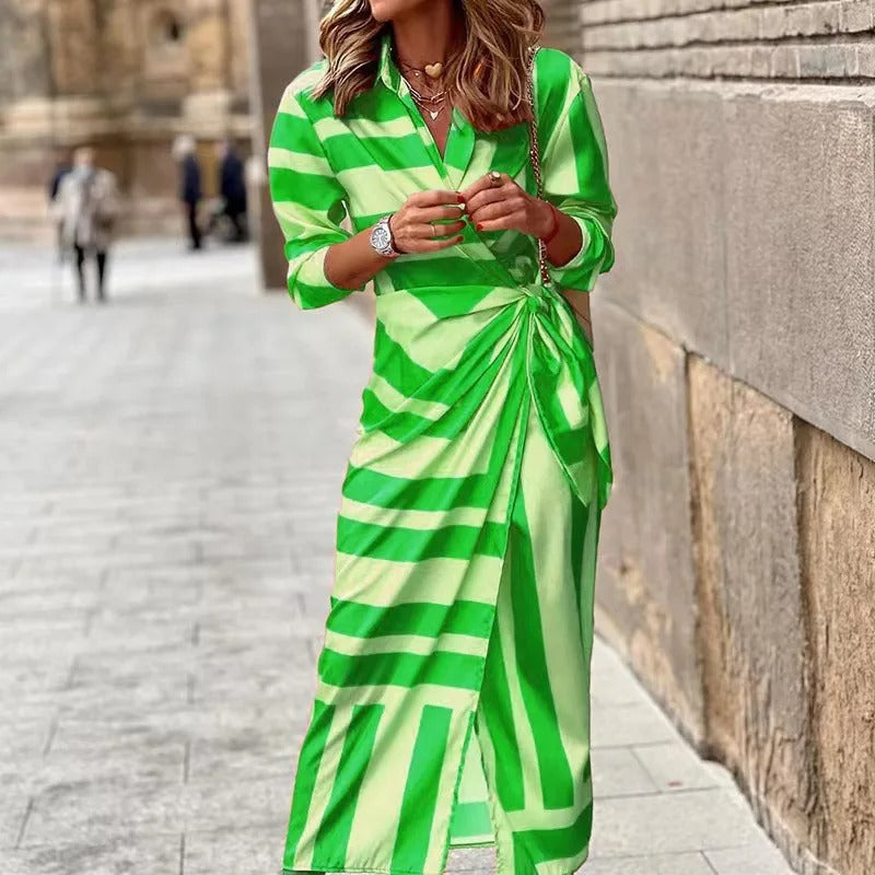 Stella - Fashion V-Neck Striped Lace-Up Midi Dress