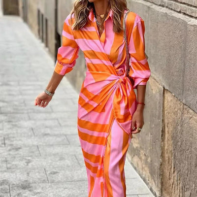 Stella - Fashion V-Neck Striped Lace-Up Midi Dress