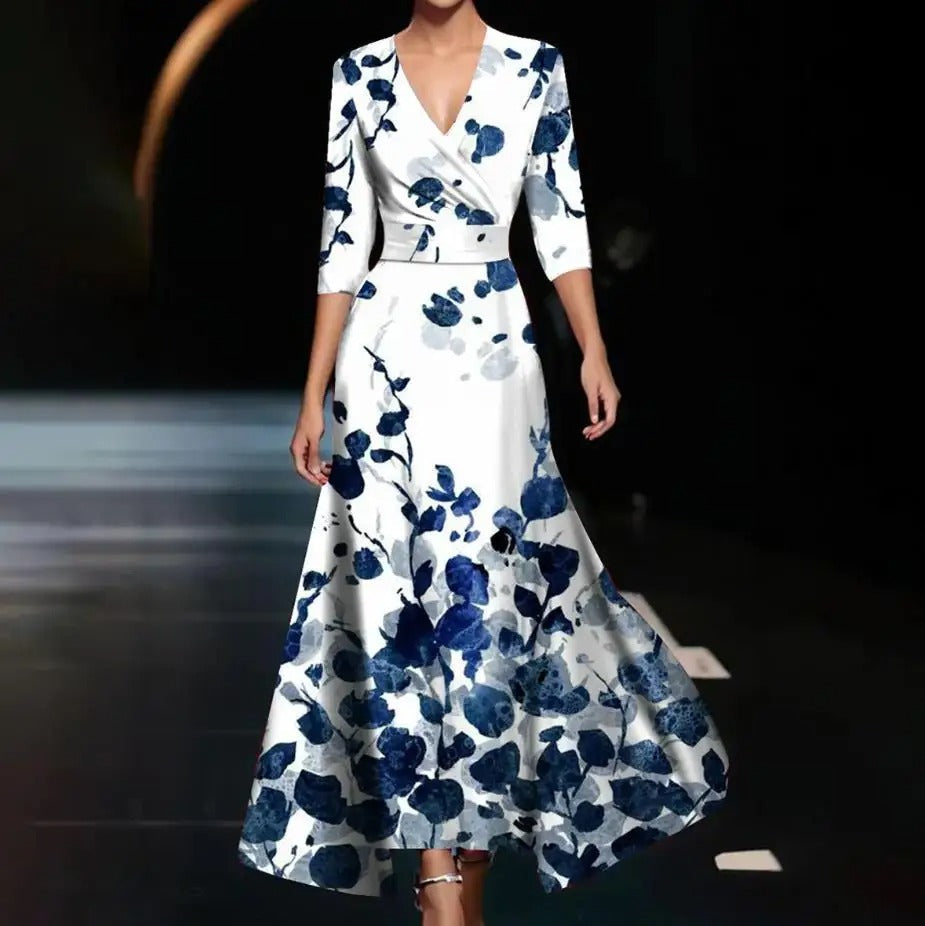 Deborah - Printed High Waist Midi Dress with Mid Sleeves