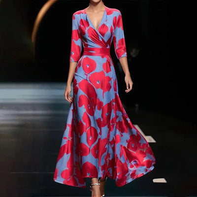 Deborah - Printed High Waist Midi Dress with Mid Sleeves