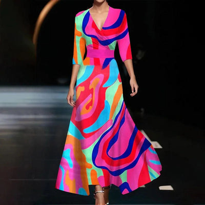 Deborah - Printed High Waist Midi Dress with Mid Sleeves