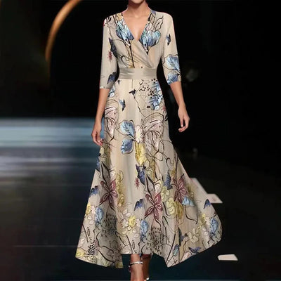 Deborah - Printed High Waist Midi Dress with Mid Sleeves