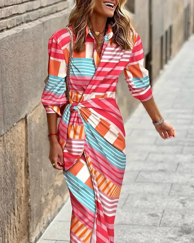 Stella - Fashion V-Neck Striped Lace-Up Midi Dress