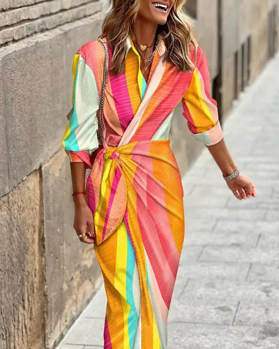 Stella - Fashion V-Neck Striped Lace-Up Midi Dress