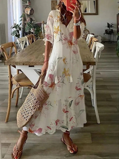 Arianne - Boho Vintage V-Neck Printed Dress