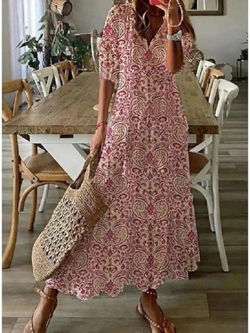 Arianne - Boho Vintage V-Neck Printed Dress