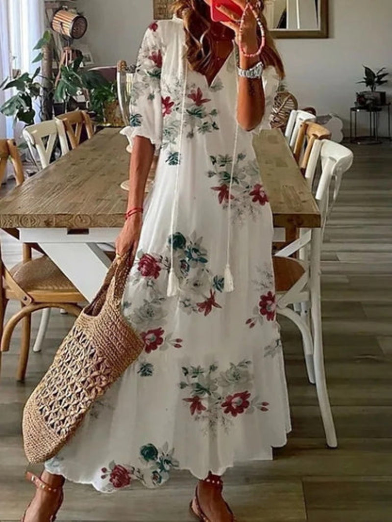 Arianne - Boho Vintage V-Neck Printed Dress