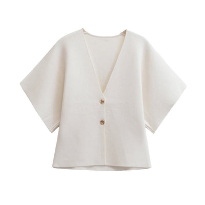 Women's Short-Sleeve Jacket - Button Front - V-Neck - Structured Boxy Fit